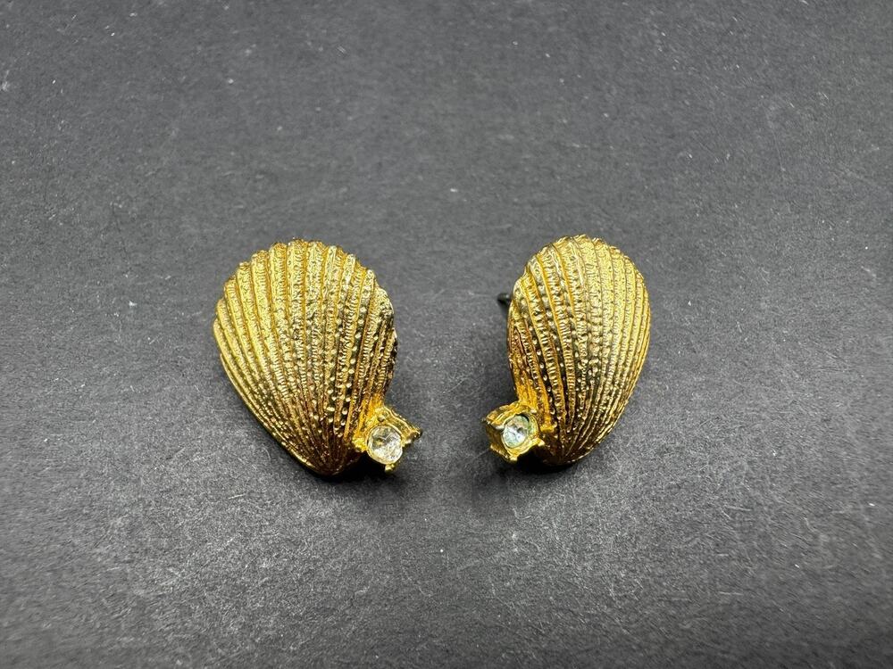 Nolan Miller Gold Tone Seashell Stud Earrings With Clear Crystal Accent